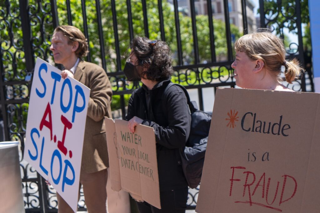 a photo of protesters about no ai voice at graduation of Columbia University a photo of protesters about no ai voice at graduation of Columbia University
