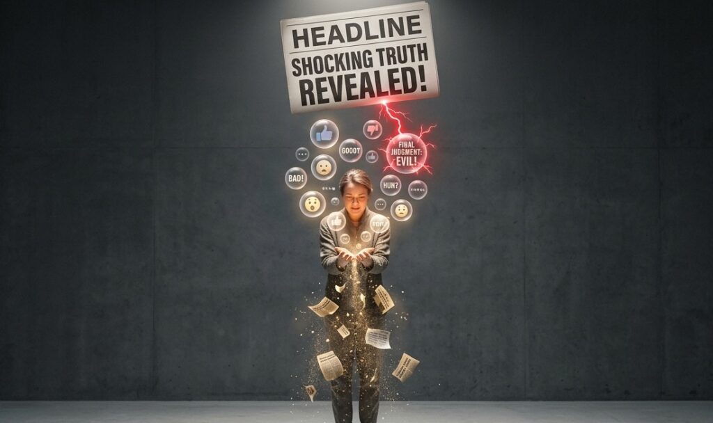 photograph of a person attempting to hold and contain a scattering of glowing dust particles and fragments of complete news stories photograph of a person attempting to hold and contain a scattering of glowing dust particles and fragments of complete news stories