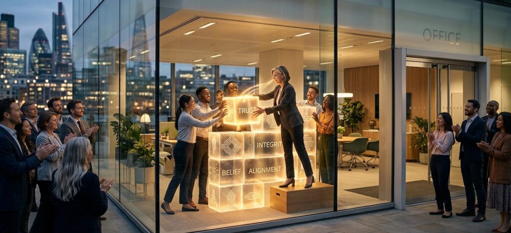 A CEO is standing on a platform, not speaking, but actively engaged in hands-on work alongside employees, like building a metaphorical structure of Trust blocks A CEO is standing on a platform, not speaking, but actively engaged in hands-on work alongside employees, like building a metaphorical structure of Trust blocks