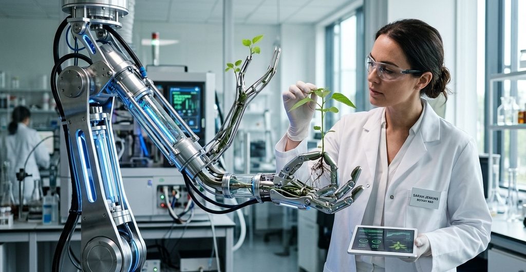 A botanical scientist wearing clean, white attire is gently examining a young plant that is growing directly out of a highly polished metallic and glass robotic arm A botanical scientist wearing clean, white attire is gently examining a young plant that is growing directly out of a highly polished metallic and glass robotic arm