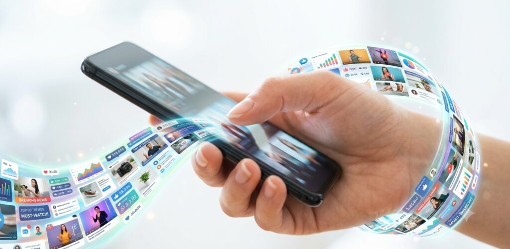 A close-up, high-key shot of a hand holding a smartphone. Instead of clicking, the thumb is smoothly scrolling A close-up, high-key shot of a hand holding a smartphone. Instead of clicking, the thumb is smoothly scrolling