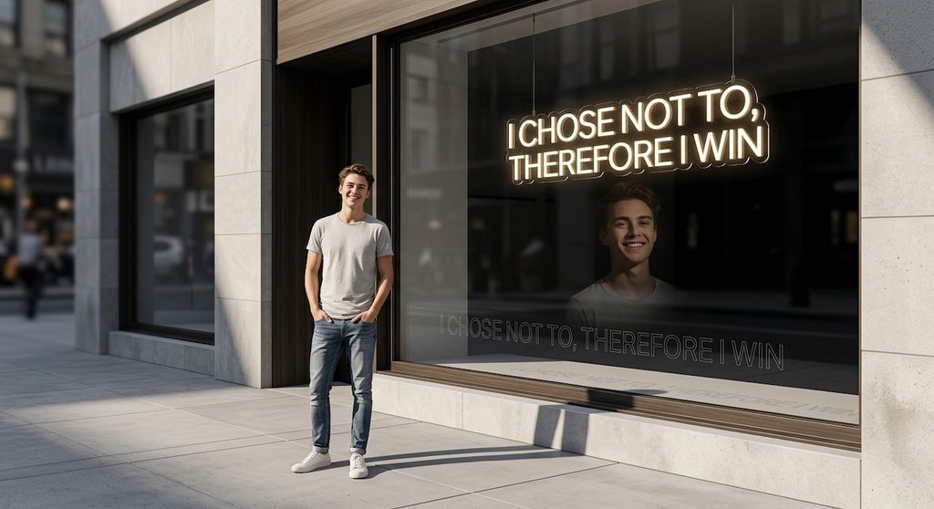 A consumer standing in front of a boutique window reflecting a glowing sign of an unbought luxury item A consumer standing in front of a boutique window reflecting a glowing sign of an unbought luxury item