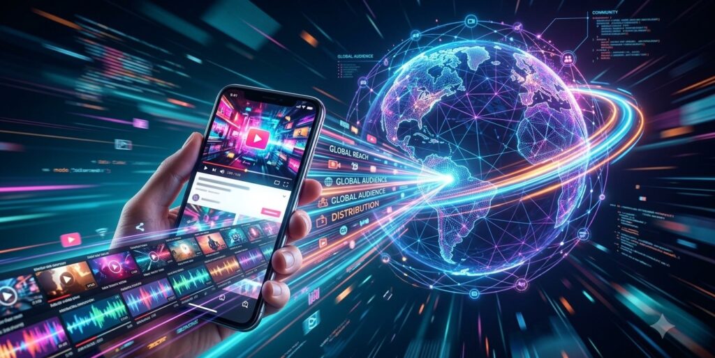 A fast-paced dynamic shot of a video content timeline turning into a beam of light shooting out from a smartphone screen and encircling a stylized digital globe A fast-paced dynamic shot of a video content timeline turning into a beam of light shooting out from a smartphone screen and encircling a stylized digital globe
