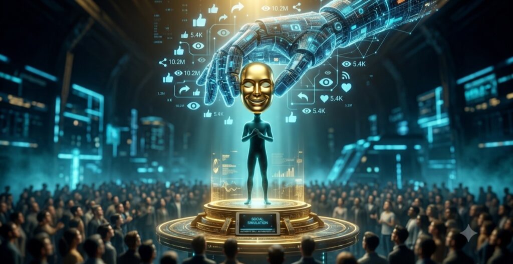 A giant abstract mechanical hand made of glowing data and social media icons (likes, shares, views), placing a polished smiling gold mask onto an anonymous shadow figure A giant abstract mechanical hand made of glowing data and social media icons (likes, shares, views), placing a polished smiling gold mask onto an anonymous shadow figure