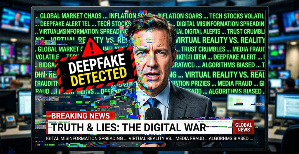A glitching, surreal image of a generic business spokesperson on a news screen A glitching, surreal image of a generic business spokesperson on a news screen