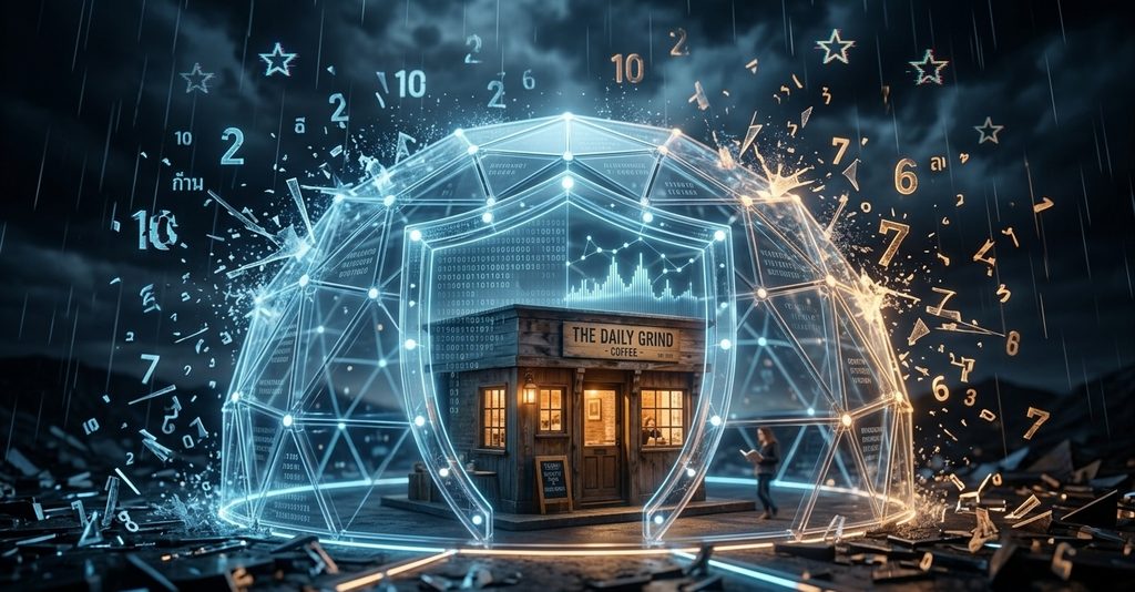 A glowing translucent geometric shield protecting a small, illuminated shop model from a rain of sharp, scattered numerical figures falling from the sky A glowing translucent geometric shield protecting a small, illuminated shop model from a rain of sharp, scattered numerical figures falling from the sky