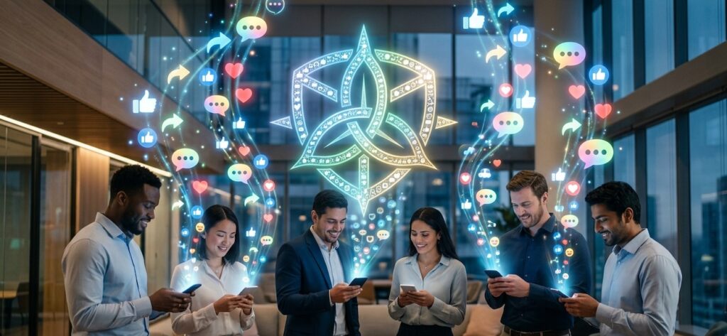 A group of diverse employees standing in a modern office lounge, not looking at a stage, but actively engaged with their smartphones A group of diverse employees standing in a modern office lounge, not looking at a stage, but actively engaged with their smartphones