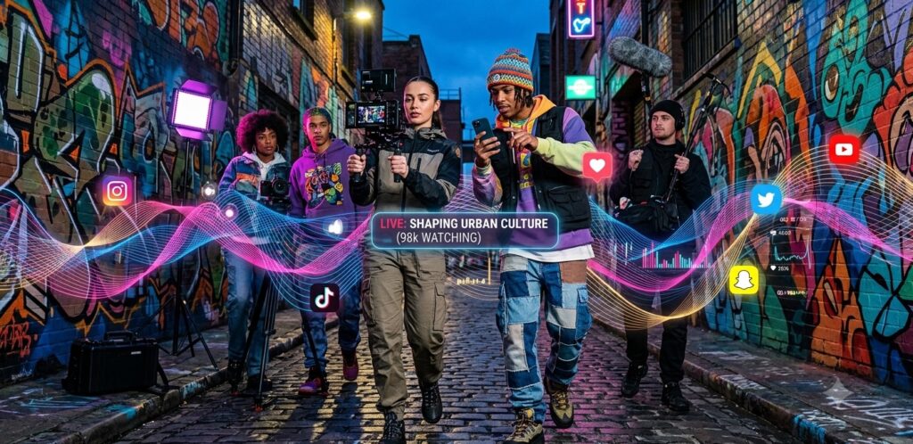 A group of trendy youth filming a short video in an urban street art location, overlayed with abstract colorful digital waves and viral social media icons A group of trendy youth filming a short video in an urban street art location, overlayed with abstract colorful digital waves and viral social media icons