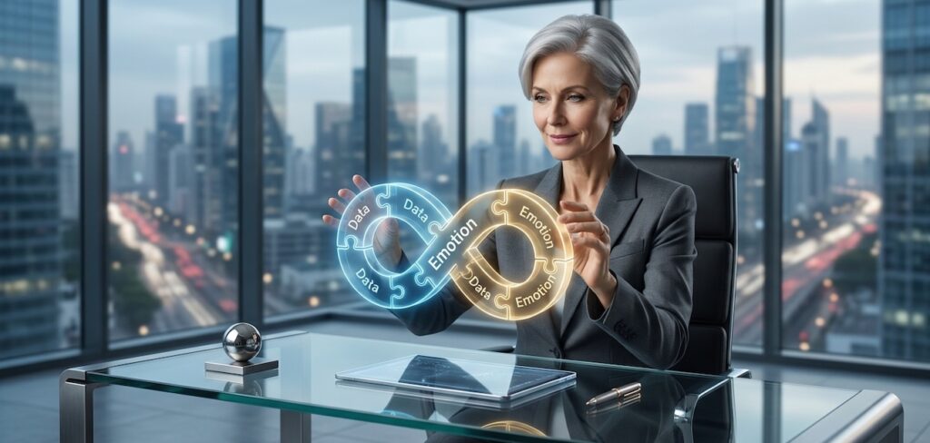 A high-end corporate executive sitting at a minimalist futuristic desk, manipulating a glowing interactive hologram of a glowing puzzle where Data and Emotion interlock seamlessly A high-end corporate executive sitting at a minimalist futuristic desk, manipulating a glowing interactive hologram of a glowing puzzle where Data and Emotion interlock seamlessly