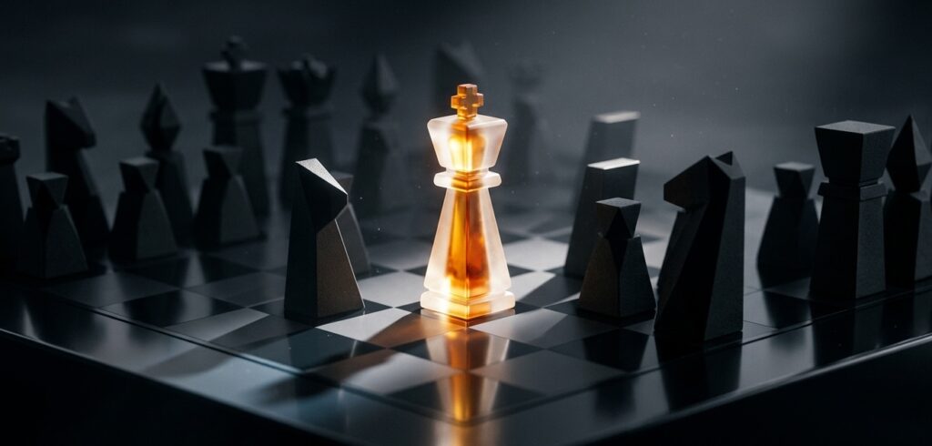 A high-end product style conceptual photo featuring sleek, abstract geometric chess-like sculptures on a dark reflective pedestal A high-end product style conceptual photo featuring sleek, abstract geometric chess-like sculptures on a dark reflective pedestal
