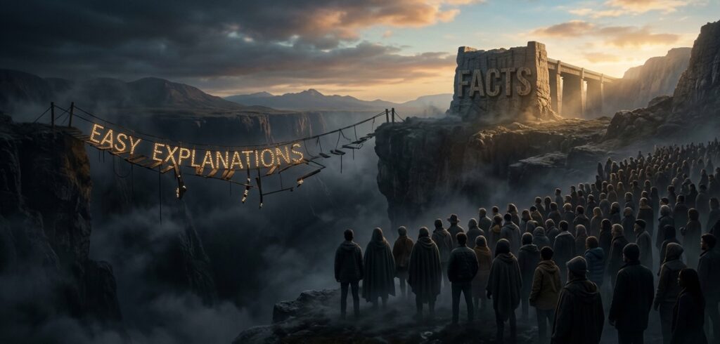 A large crowd stands at the edge of a great chasm. Instead of running forward across a fragile, temporary bridge made of Easy Explanations A large crowd stands at the edge of a great chasm. Instead of running forward across a fragile, temporary bridge made of Easy Explanations