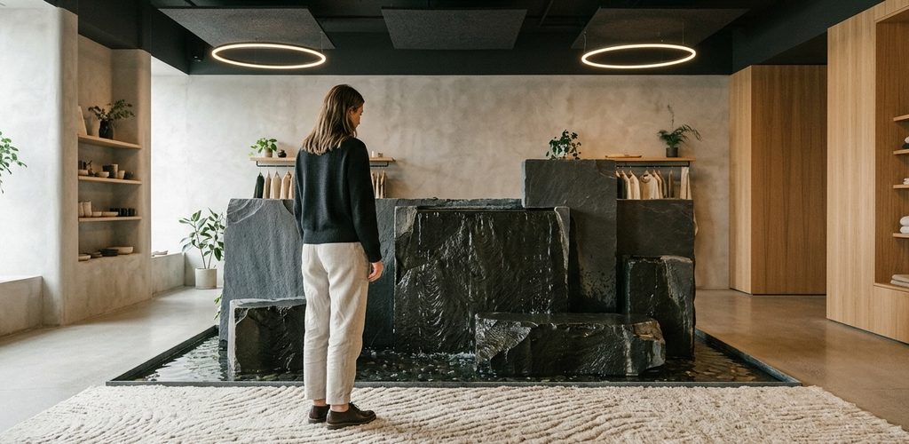 A lone customer stands on a soft, textured wool carpet, gazing at a flowing minimalist waterfall structure made of matte basalt stone A lone customer stands on a soft, textured wool carpet, gazing at a flowing minimalist waterfall structure made of matte basalt stone