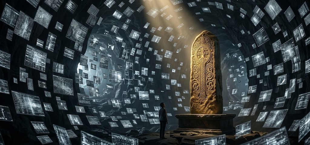 A massive, dimly lit hall filled with thousands of flickering, chaotic, gray holographic data-noise screens, creating a 'sea' of input A massive, dimly lit hall filled with thousands of flickering, chaotic, gray holographic data-noise screens, creating a 'sea' of input