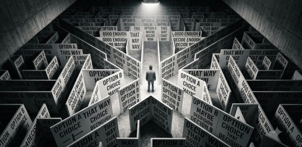 A minimalist, abstract image of a person standing precisely in the center of a maze