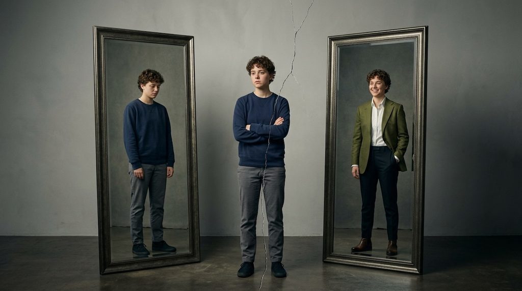 A minimalist portrait of a young person standing between two mirrors A minimalist portrait of a young person standing between two mirrors