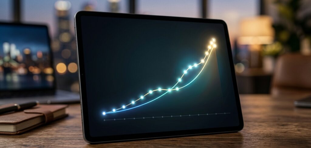 A modern, minimal digital tablet displaying a clean, stylized, growing graph on a dark background, showing a steady upward curve over a timeline