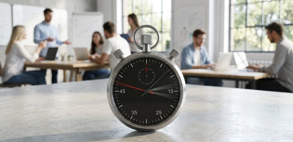 A modern stopwatch sitting on a polished concrete surface in an airy studio, with the hand moving steadily, slightly blurred background of a busy but focused team