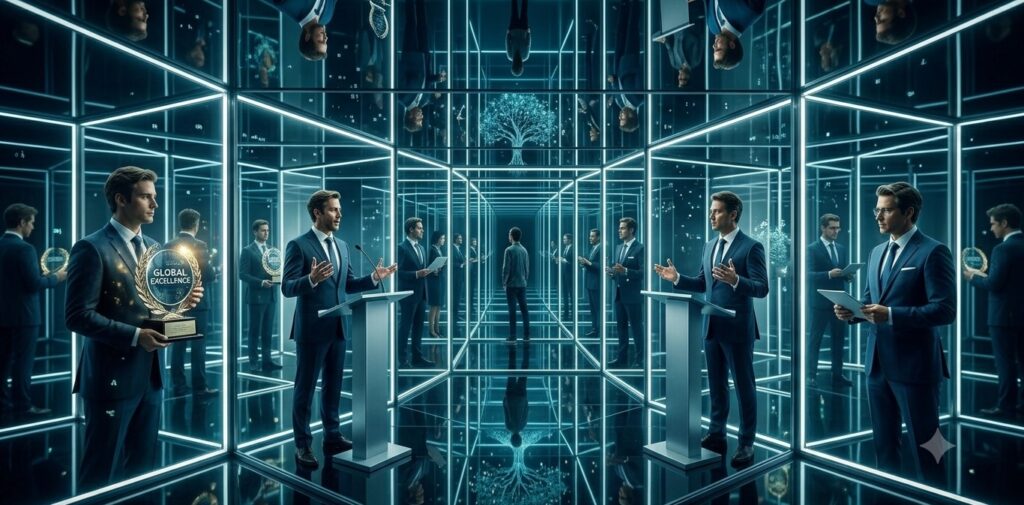 A person standing in a dark room made of endless illuminated mirrors