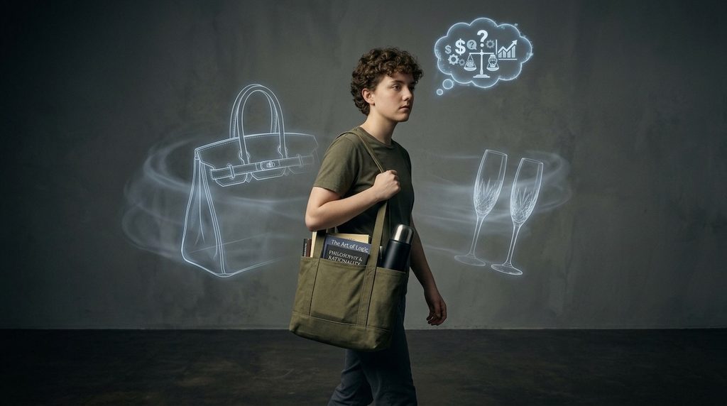A person with a thoughtful expression, carrying a simple, durable tote bag filled with books A person with a thoughtful expression, carrying a simple, durable tote bag filled with books