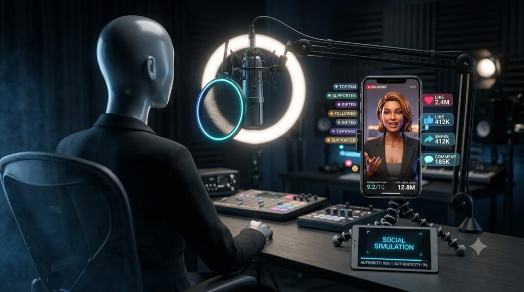A sleek mannequin sitting at a professional podcast recording setup with a glowing ring light and high-end microphone A sleek mannequin sitting at a professional podcast recording setup with a glowing ring light and high-end microphone
