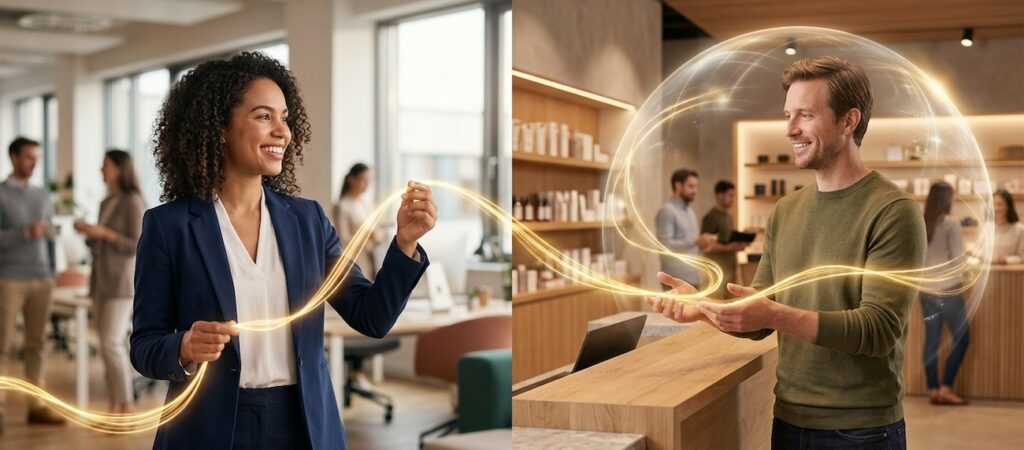 A smiling, energized employee in office attire, holding a luminous golden thread A smiling, energized employee in office attire, holding a luminous golden thread