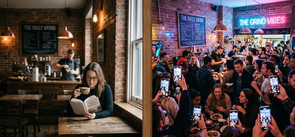 A split-screen composition contrasting two café atmospheres A split-screen composition contrasting two café atmospheres