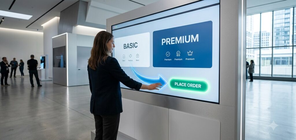 A streamlined interface with just two large, clear options on screen Basic and Premium