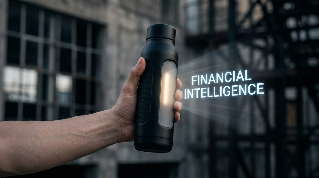 A subtle, embedded light inside the object casts a glowing, translucent signal in the air reading Financial Intelligence in minimalist font A subtle, embedded light inside the object casts a glowing, translucent signal in the air reading Financial Intelligence in minimalist font