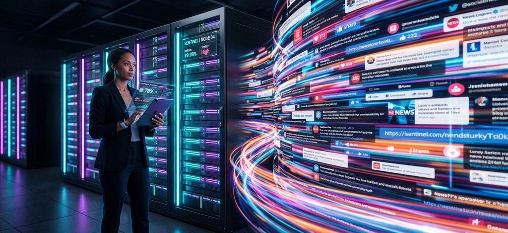 A time-lapse conceptual shot of thousands of social media posts, news headlines, and blog links visually streaming past a sleek digital server rack in a modern data center A time-lapse conceptual shot of thousands of social media posts, news headlines, and blog links visually streaming past a sleek digital server rack in a modern data center