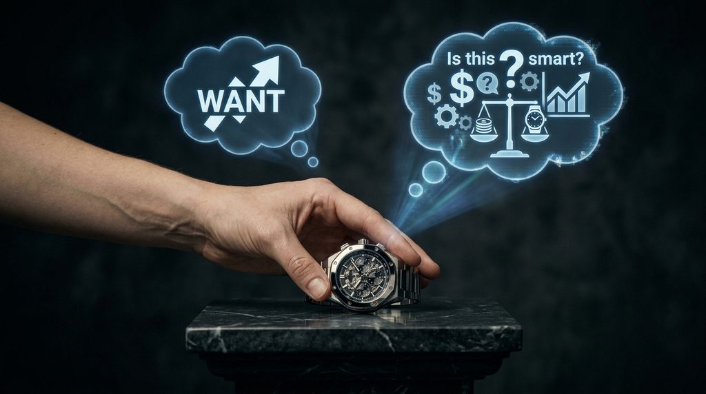 A young consumer's hand holding an intricate designer watch, hovering over a pedestal A young consumer's hand holding an intricate designer watch, hovering over a pedestal