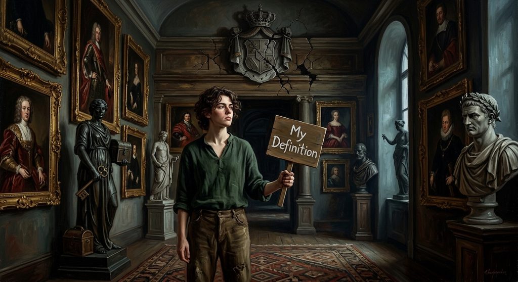 A young person standing defiantly in an old, ornate gallery filled with portraits and statues representing traditional symbols of wealth and status A young person standing defiantly in an old, ornate gallery filled with portraits and statues representing traditional symbols of wealth and status