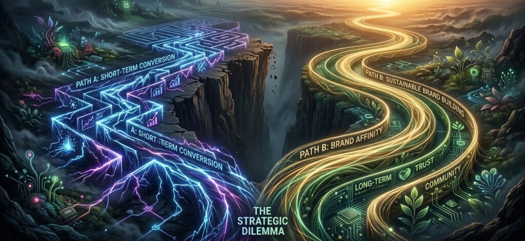 Abstract surreal art depicting a glowing maze between performance marketing and brand marketing Abstract surreal art depicting a glowing maze between performance marketing and brand marketing