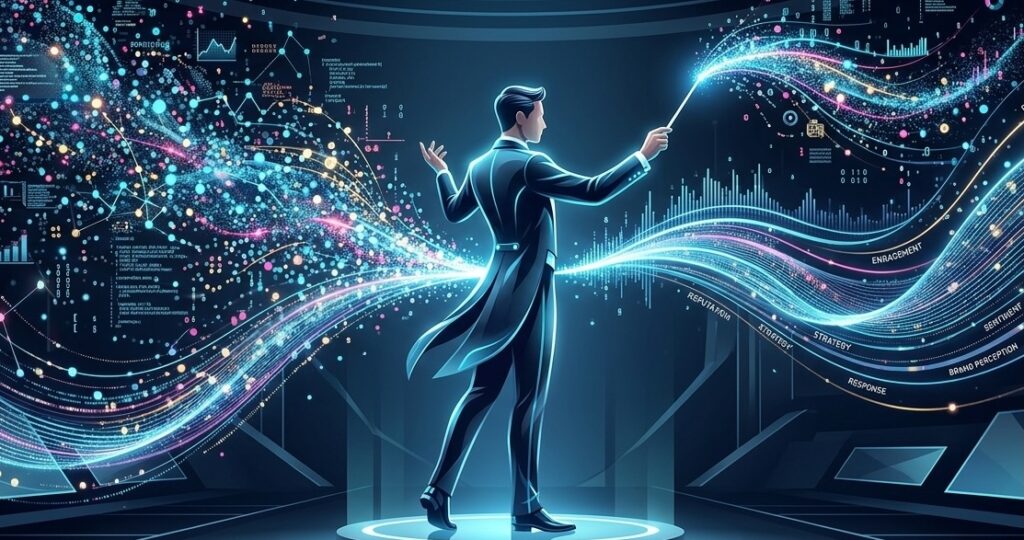 An abstract conceptual illustration of a conductor on a stage
