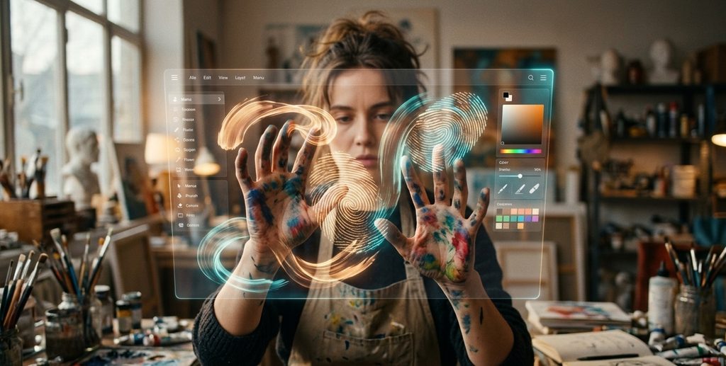 An artist's hands, stained with colorful paint and ink, are working seamlessly with a transparent, augmented reality interface hovering in the air An artist's hands, stained with colorful paint and ink, are working seamlessly with a transparent, augmented reality interface hovering in the air