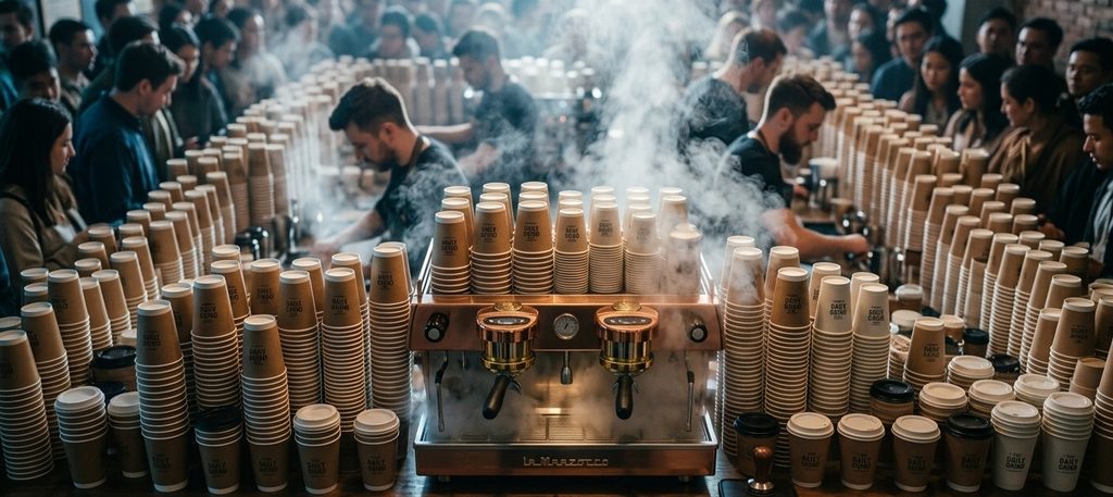 An elegant coffee machine on a café counter overwhelmed with hundreds of takeaway cups An elegant coffee machine on a café counter overwhelmed with hundreds of takeaway cups
