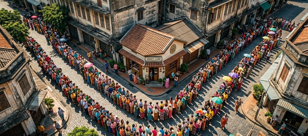 An overhead bird's-eye view of a tiny aesthetic dessert shop completely surrounded by a massive people
