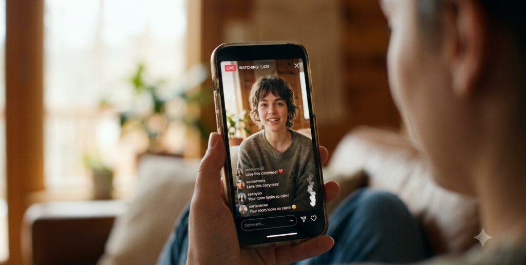Close-up shot of a smartphone screen displaying a live stream of an authentic female creator in her cozy room Close-up shot of a smartphone screen displaying a live stream of an authentic female creator in her cozy room