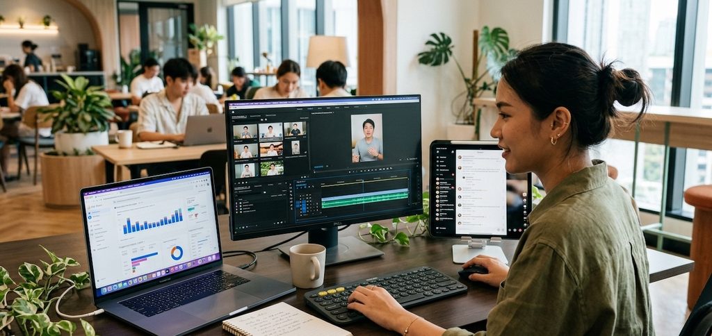 Content marketer working in a modern co-working space Content marketer working in a modern co-working space