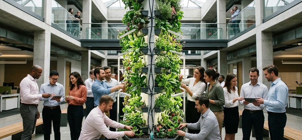Corporate employees in professional, but casual working clothes, are gathered in a modern office atrium during lunch break Corporate employees in professional, but casual working clothes, are gathered in a modern office atrium during lunch break