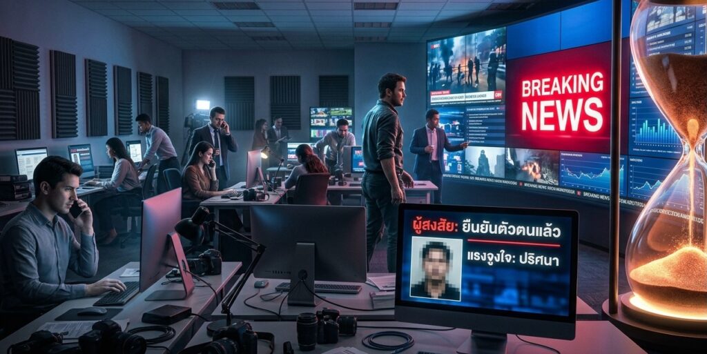 Newsroom with reporters working on Breaking News Newsroom with reporters working on Breaking News
