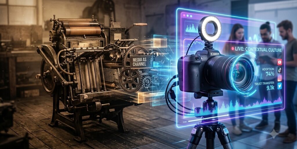 Surreal conceptual art showing an old vintage printing press seamlessly transitioning into a glowing digital camera setup and holographic video feed Surreal conceptual art showing an old vintage printing press seamlessly transitioning into a glowing digital camera setup and holographic video feed