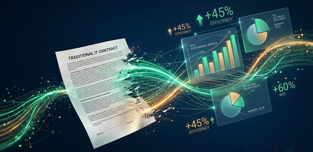 a classic paper business contract dissolving into radiant digital data streams and real-time dashboard visualizations