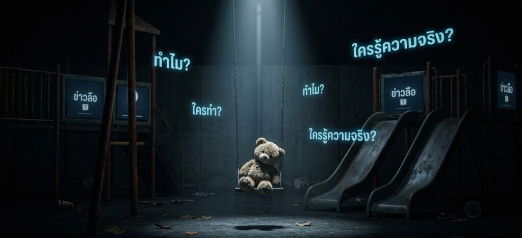 a conceptually dramatic and atmospheric low-key photograph capturing a single, tattered teddy bear slumped in a worn wooden swing, which is suspended by rusty chains a conceptually dramatic and atmospheric low-key photograph capturing a single, tattered teddy bear slumped in a worn wooden swing, which is suspended by rusty chains