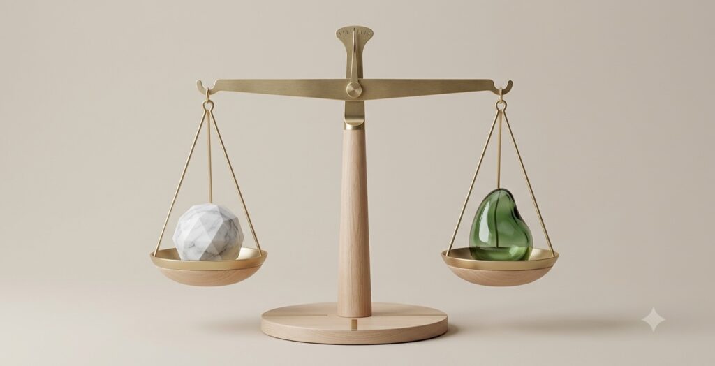 a delicate balance scale made of matte brass and light wood, one side holding a geometric marble sphere, the other side holding an organic green glass drop a delicate balance scale made of matte brass and light wood, one side holding a geometric marble sphere, the other side holding an organic green glass drop