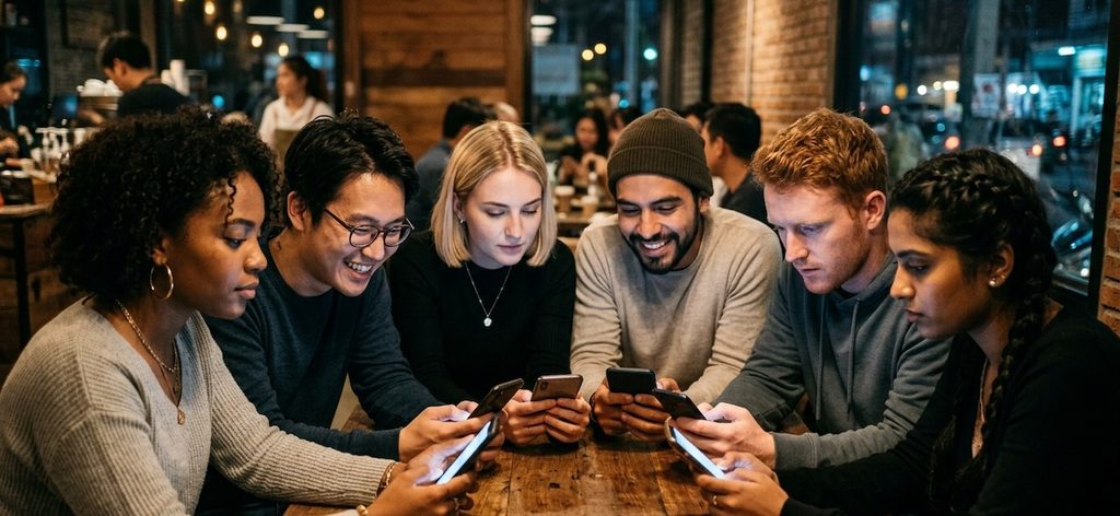 a diverse group of young adults in a cafe, looking down at their smartphones a diverse group of young adults in a cafe, looking down at their smartphones