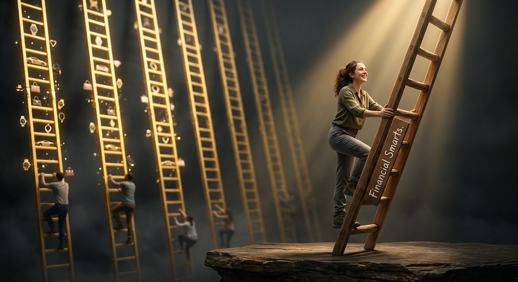 a row of identical, endlessly climbing golden ladders represent social media comparison for luxury items a row of identical, endlessly climbing golden ladders represent social media comparison for luxury items