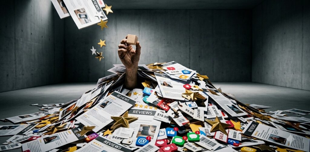 a single person in an empty, minimalist room buried under a continuous, cascading avalanche of glossy paper product reviews, rating stars