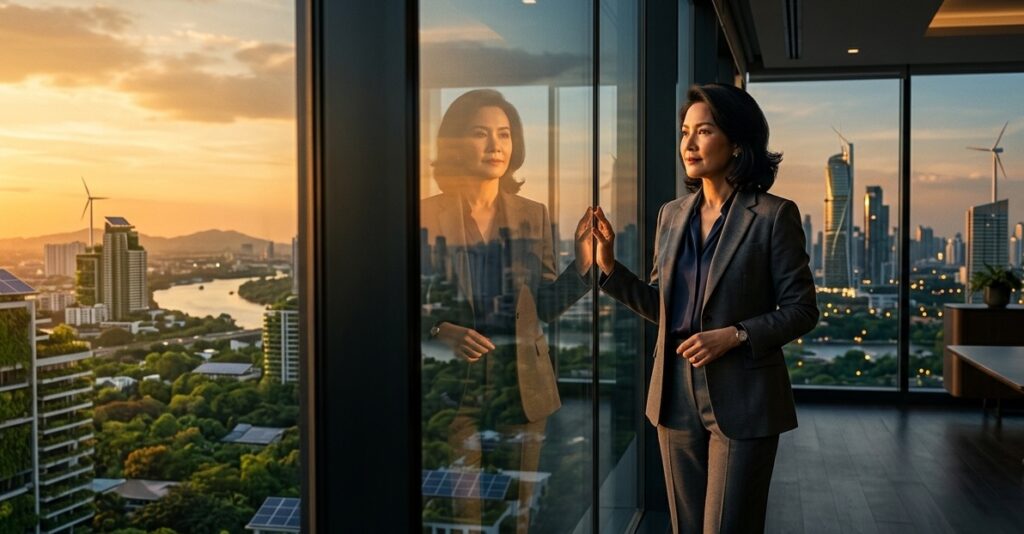 a visionary business leader looking out a high-rise floor-to-ceiling glass window overlooking a serene a visionary business leader looking out a high-rise floor-to-ceiling glass window overlooking a serene