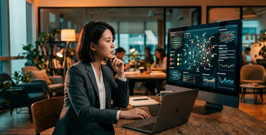 a woman in a business suit sitting in a modern co-working space a woman in a business suit sitting in a modern co-working space