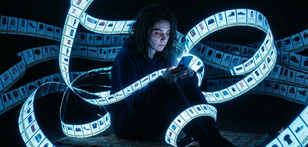 a woman sitting in darkness, her face only lit by the aggressive blue light of her smartphone
